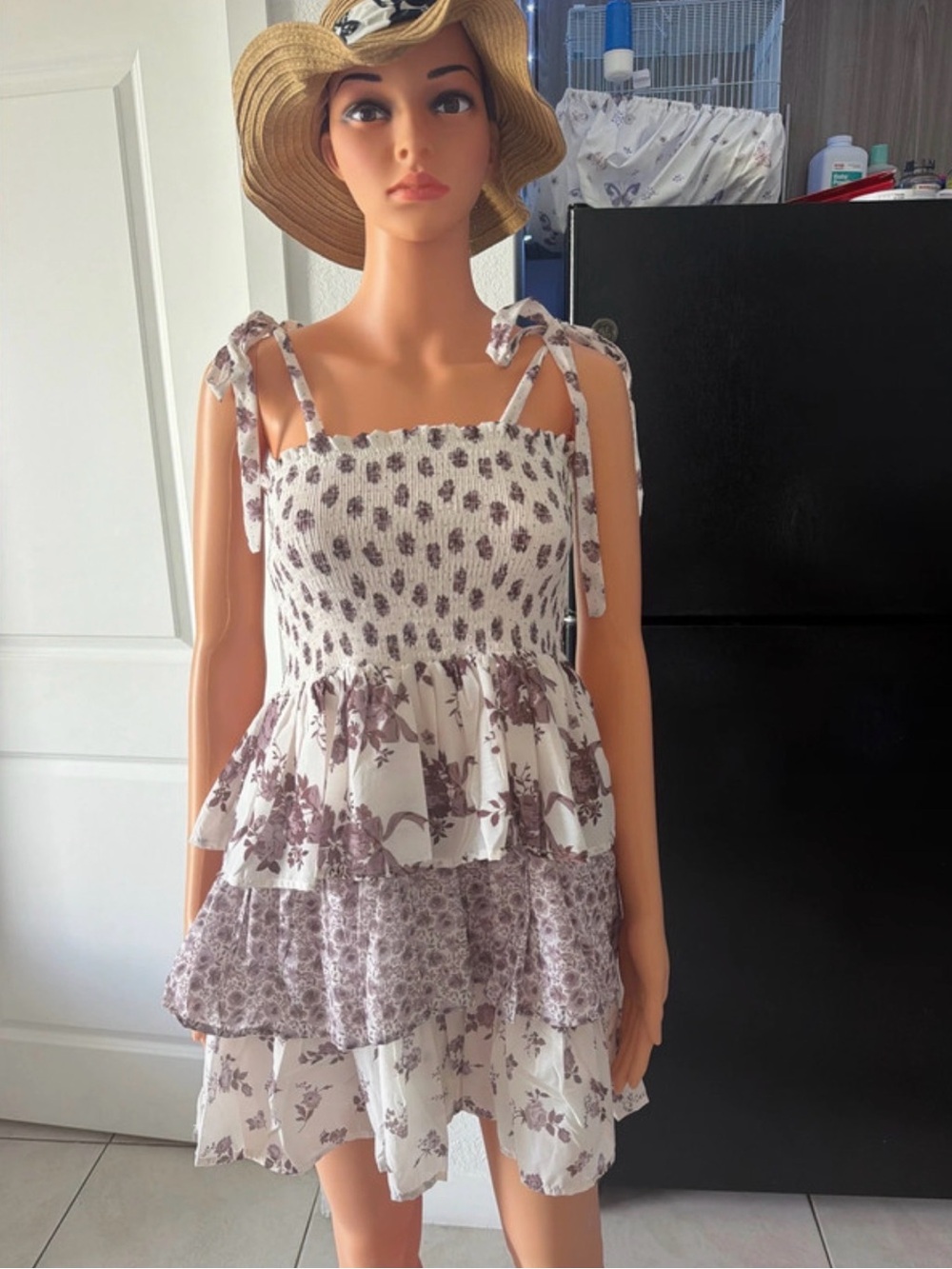 Floral Cream Tiered Tie-Shoulder Smocked Camisole